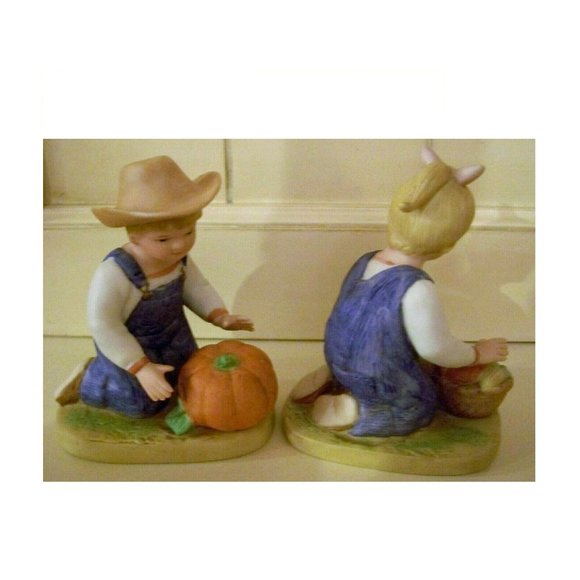 Home Interiors Denim Days Boy Girl / Pumpkins Fall Basket Wearing Overalls HOMCO - Picture 3 of 4